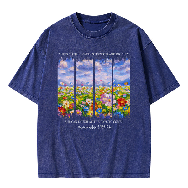 She Is Clothed With Strength And Dignity Christian Washed T-Shirt