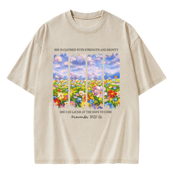 She Is Clothed With Strength And Dignity Christian Washed T-Shirt
