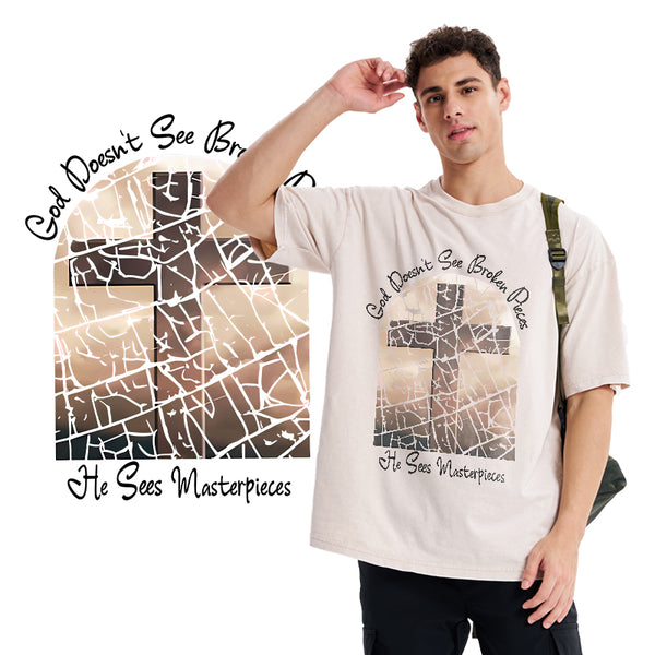 God Dosen't See Broken Pieces Christian Washed T-Shirt