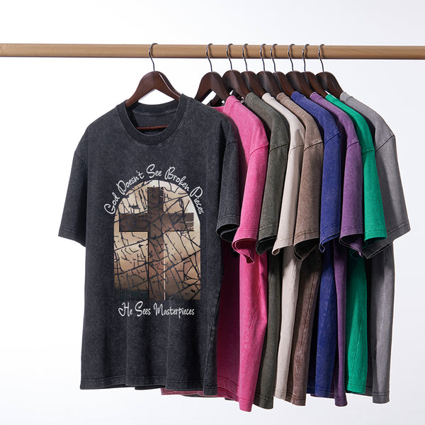 God Dosen't See Broken Pieces Christian Washed T-Shirt