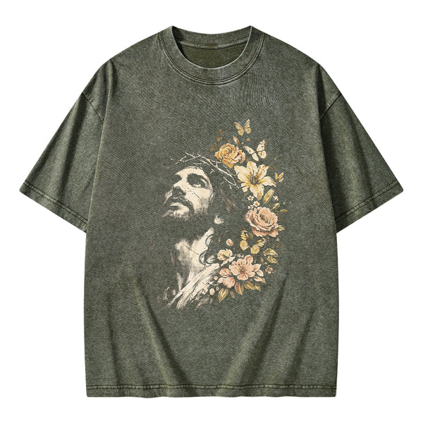 Jesus Flowers Christian Washed T-Shirt