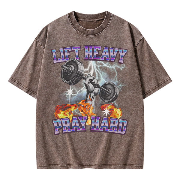 GC-WTSA0047 Lift Heavy Pray Hard Chirstian Washed T-Shirt