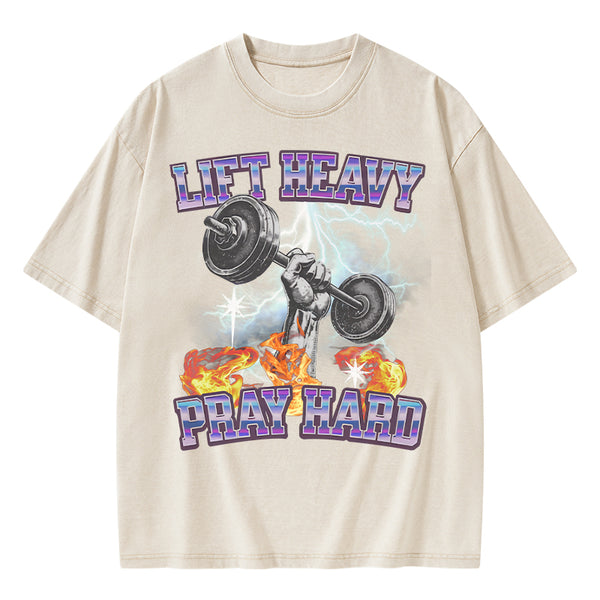 GC-WTSA0047 Lift Heavy Pray Hard Chirstian Washed T-Shirt