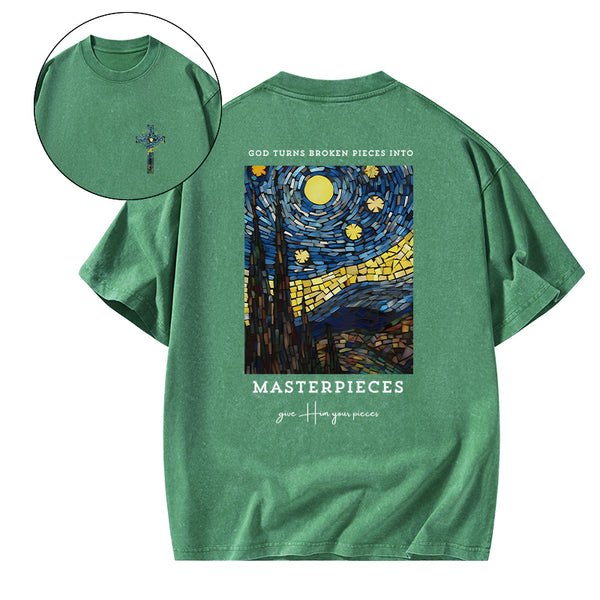 GC-WTSA0058 God Turns Broken Pieces Into Masterpieces Christian Washed T-Shirt