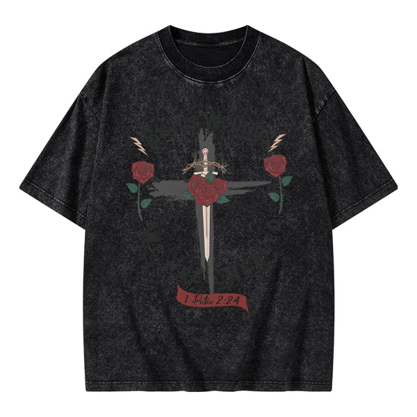 GC-WTSA0090 By His Wounds Chirstian Washed T-Shirt