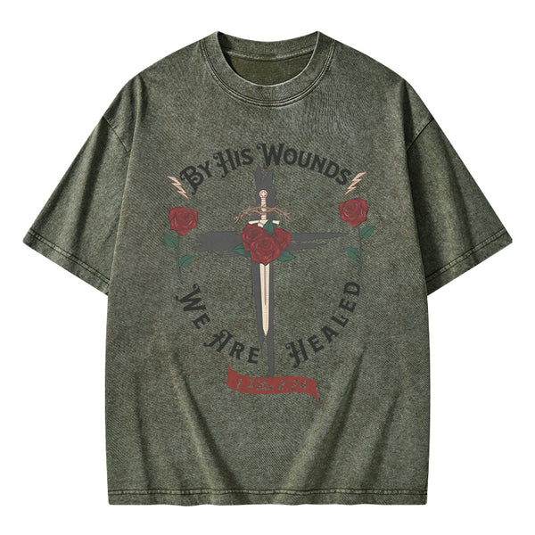 GC-WTSA0090 By His Wounds Chirstian Washed T-Shirt