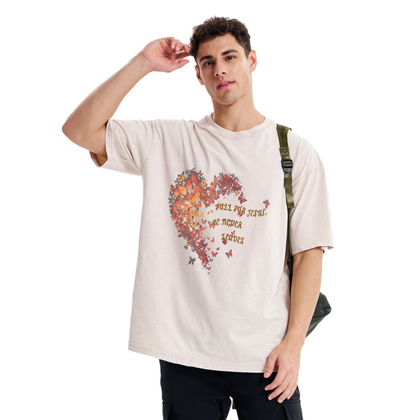 GC-WTSA0257 Fall For Jesus He Never Leaves Chirstian Washed T-Shirt