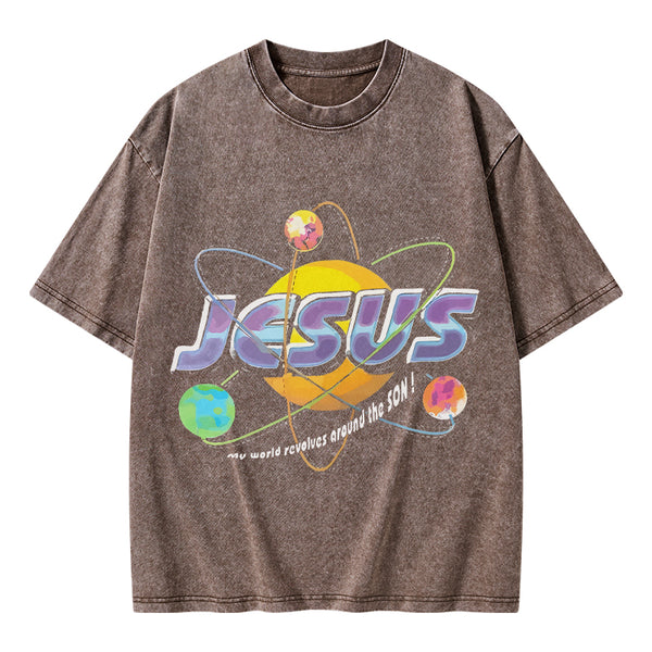 Jesus My World Revovles Around The Son Christian Washed T-Shirt
