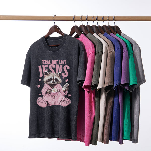 GC-WTSA1412 Feral But Loves Jesus Christian Washed T-Shirt