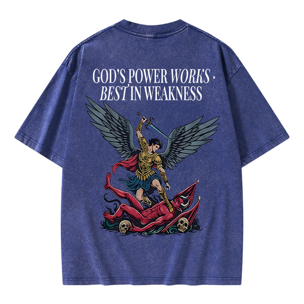 GC-WTSA1452 God's Power Works Beat In Weakness Christian Washed T-Shirt