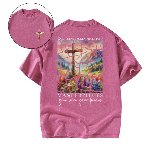 God Turns Broken Pieces into Masterpieces Christian Washed T-Shirt