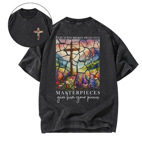 God Turns Broken Pieces into Masterpieces Christian Washed T-Shirt