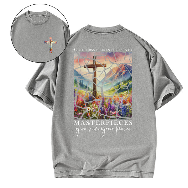 God Turns Broken Pieces into Masterpieces Christian Washed T-Shirt