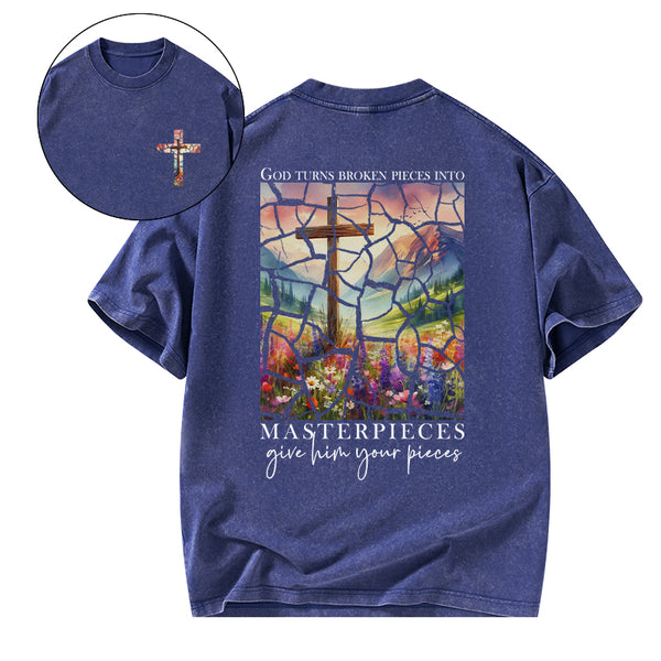 God Turns Broken Pieces into Masterpieces Christian Washed T-Shirt