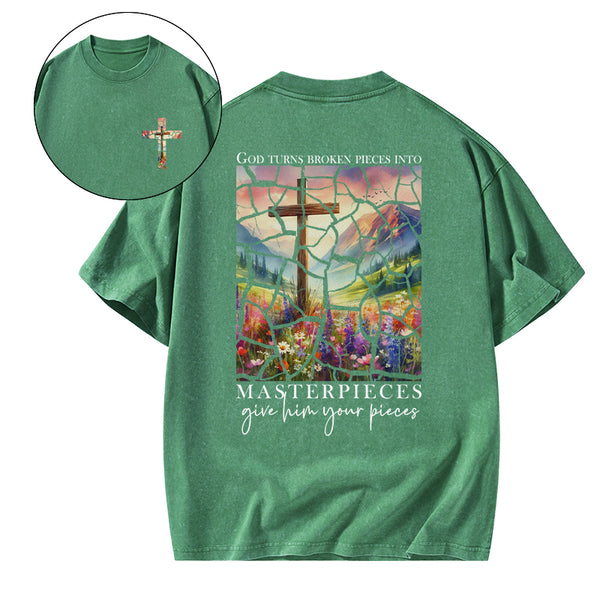 God Turns Broken Pieces into Masterpieces Christian Washed T-Shirt