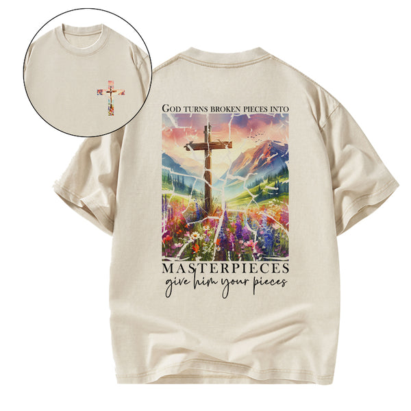God Turns Broken Pieces into Masterpieces Christian Washed T-Shirt