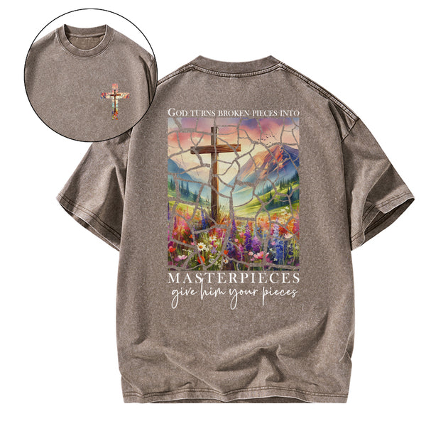 God Turns Broken Pieces into Masterpieces Christian Washed T-Shirt