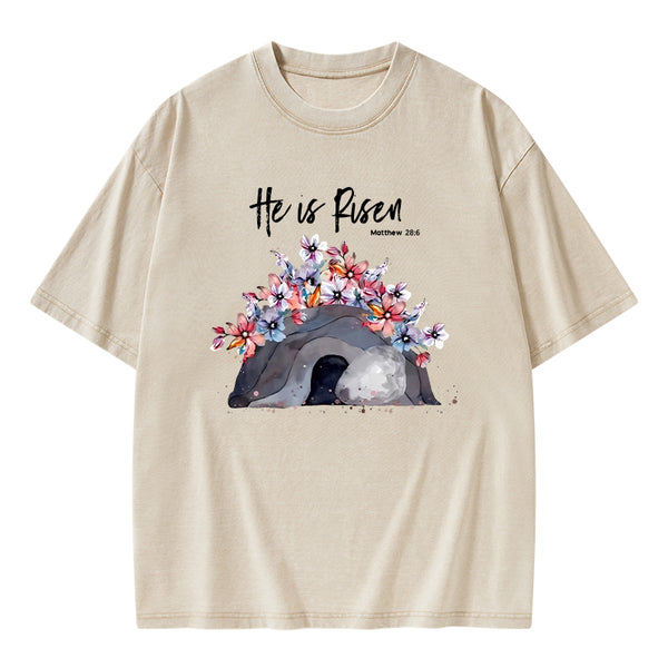 He Is Risen Flower Christian Washed T-Shirt