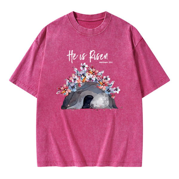 He Is Risen Flower Christian Washed T-Shirt