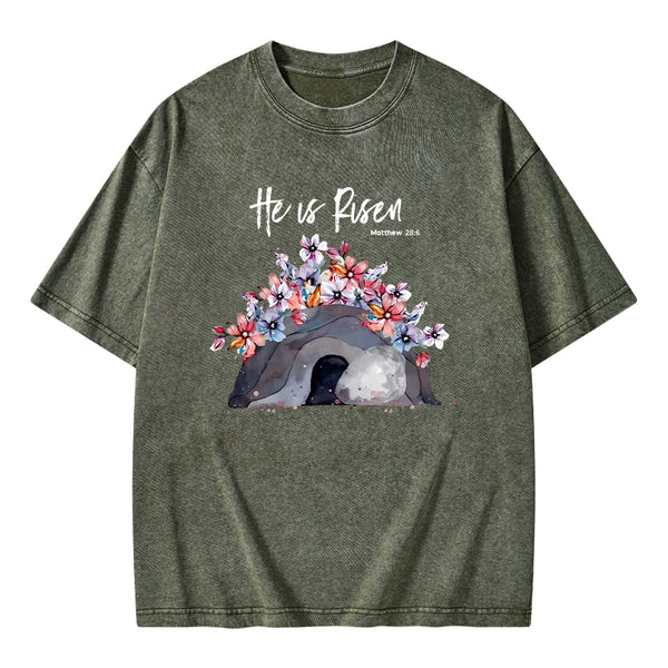 He Is Risen Flower Christian Washed T-Shirt