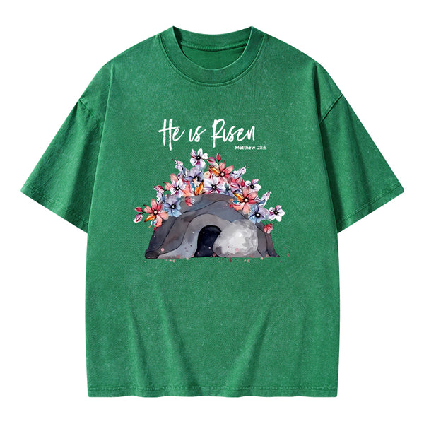 He Is Risen Flower Christian Washed T-Shirt