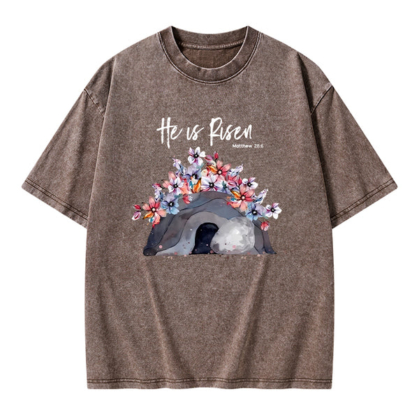 He Is Risen Flower Christian Washed T-Shirt