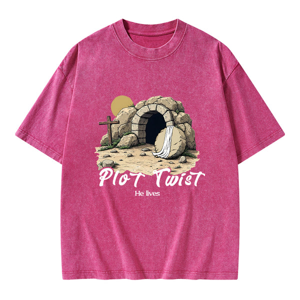 Plot Twist He lives Retro Christian Washed T-Shirt