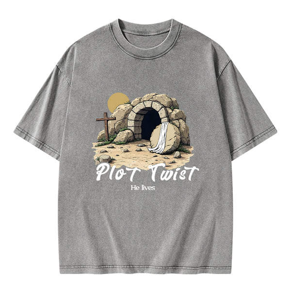 Plot Twist He lives Retro Christian Washed T-Shirt