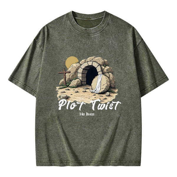 Plot Twist He lives Retro Christian Washed T-Shirt