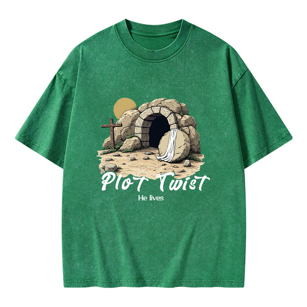 Plot Twist He lives Retro Christian Washed T-Shirt