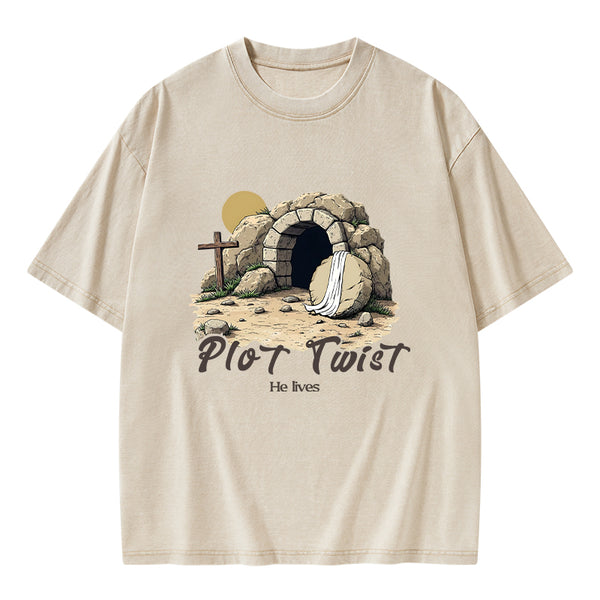 Plot Twist He lives Retro Christian Washed T-Shirt