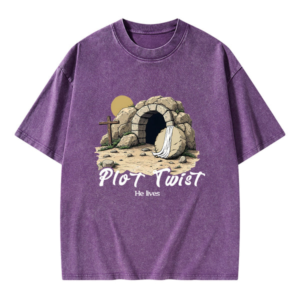 Plot Twist He lives Retro Christian Washed T-Shirt