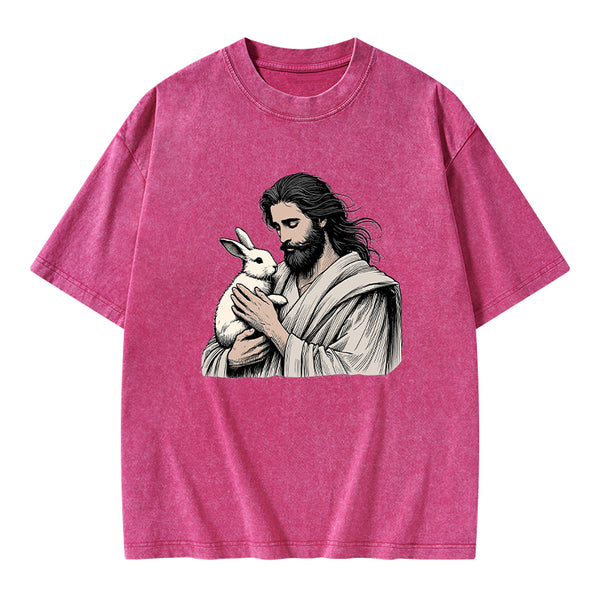Jesus And Rabbit Easter Christian Washed T-Shirt