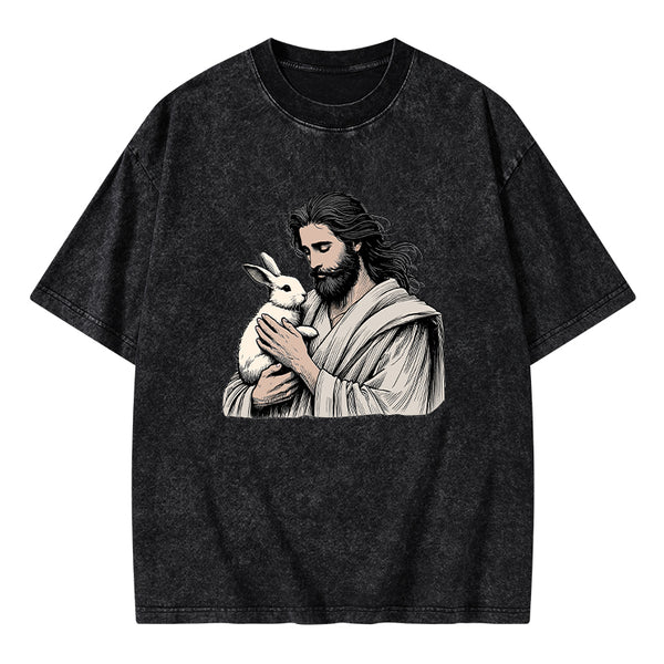 Jesus And Rabbit Easter Christian Washed T-Shirt