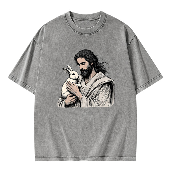 Jesus And Rabbit Easter Christian Washed T-Shirt