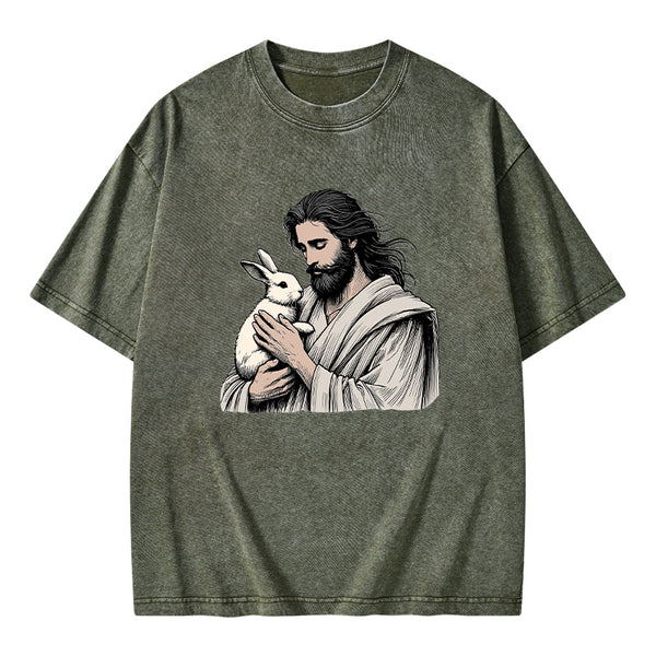 Jesus And Rabbit Easter Christian Washed T-Shirt