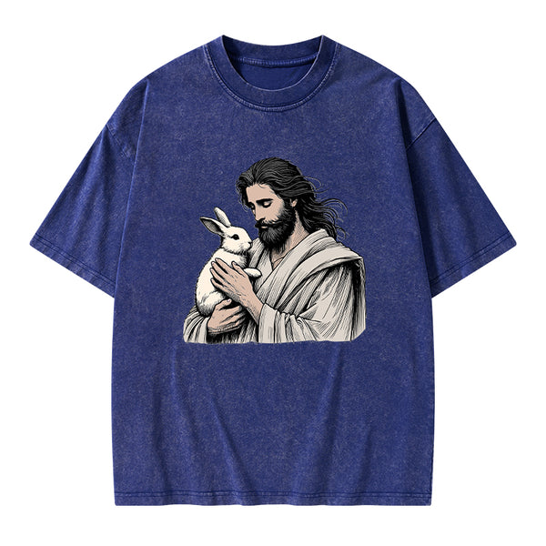 Jesus And Rabbit Easter Christian Washed T-Shirt