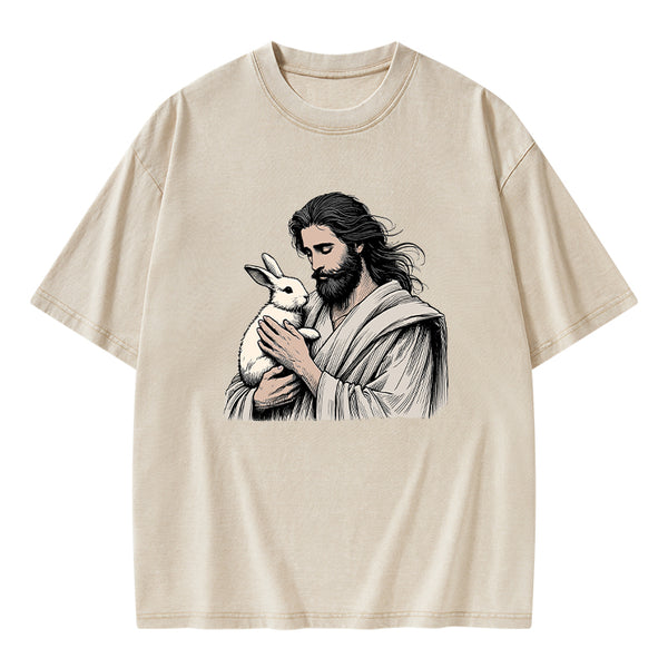Jesus And Rabbit Easter Christian Washed T-Shirt