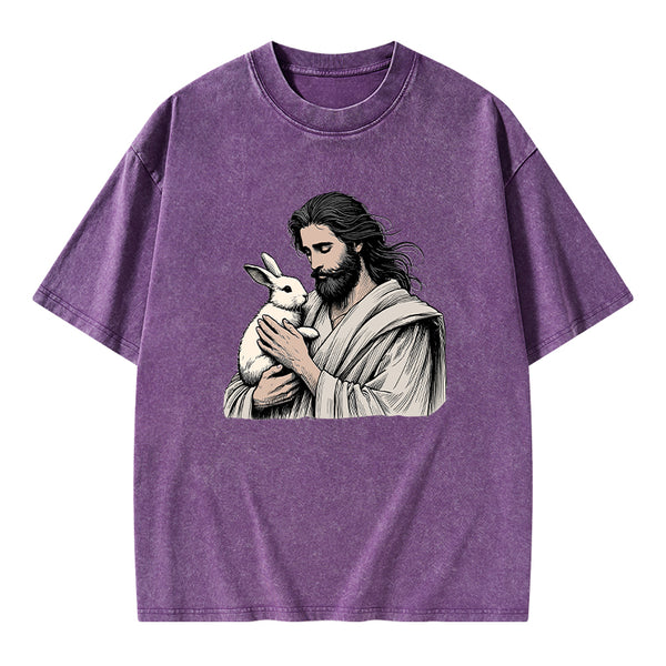 Jesus And Rabbit Easter Christian Washed T-Shirt