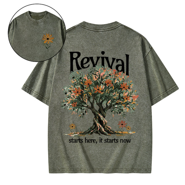 Revival Starts Here It Starts Now Christian Washed T-Shirt