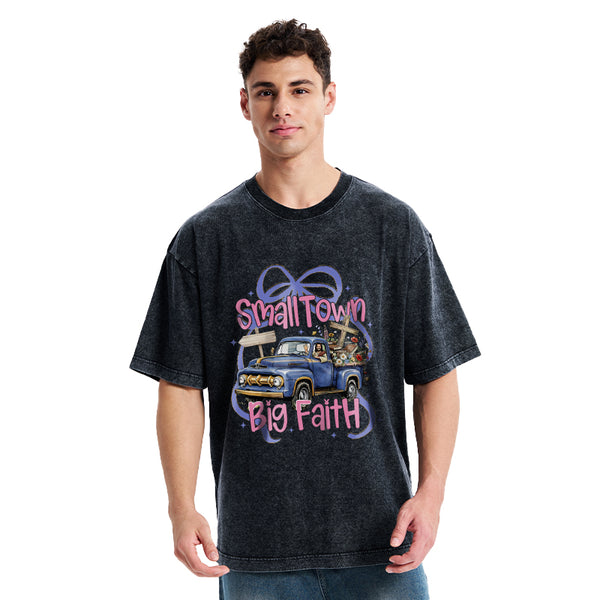 Small Town Big Faith Chrsitian Washed T-Shirt
