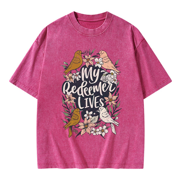 My Redeemer Lives Christian Washed T-Shirt