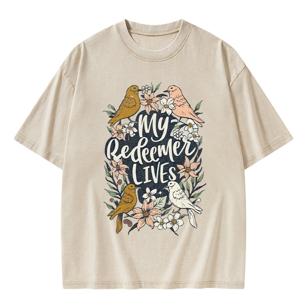 My Redeemer Lives Christian Washed T-Shirt
