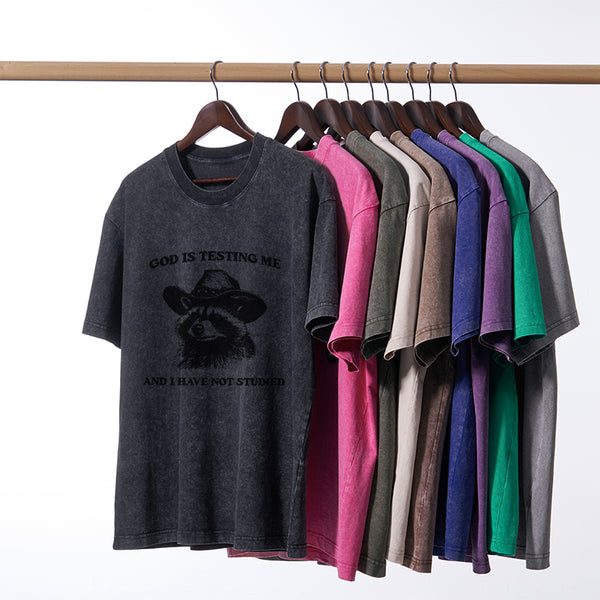 GC-WTSFK24072810 God's Testing Me Funny Raccoon Christian Washed T-Shirt