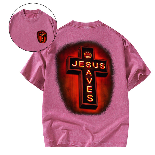 Jesus Saves Red Light Cross Christian Washed T-Shirt