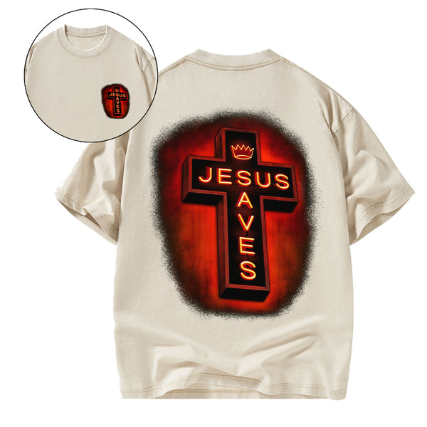 Jesus Saves Red Light Cross Christian Washed T-Shirt