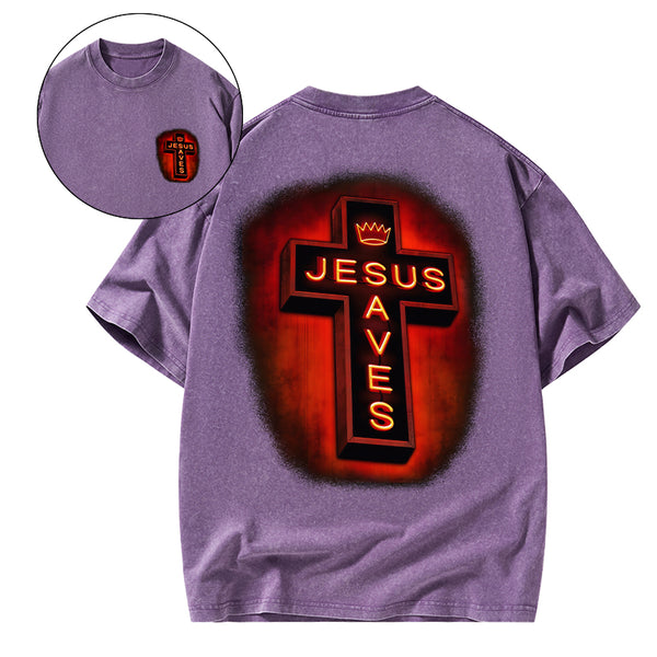 Jesus Saves Red Light Cross Christian Washed T-Shirt