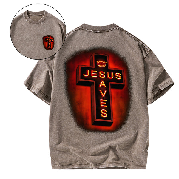 Jesus Saves Red Light Cross Christian Washed T-Shirt