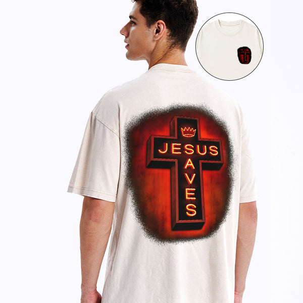 Jesus Saves Red Light Cross Christian Washed T-Shirt