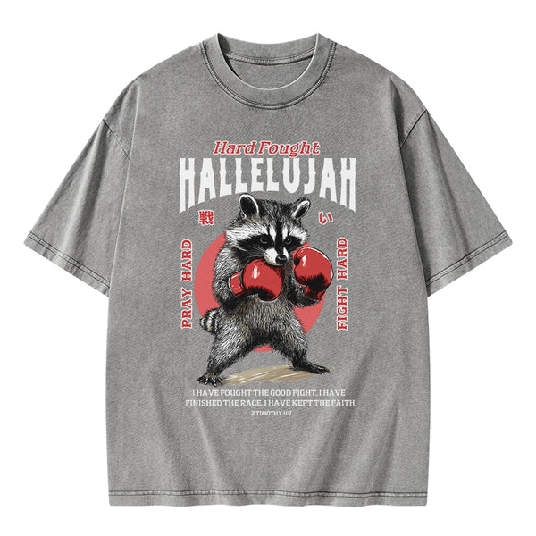 Hard Fought Hallelujah Raccoon Christian Washed T-Shirt